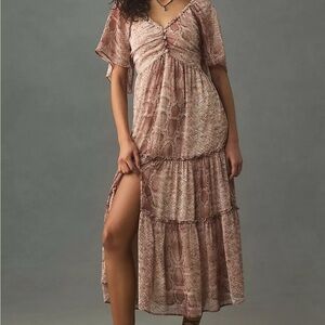 Anthropologie Pink Ruched Tiered Maxi Dress